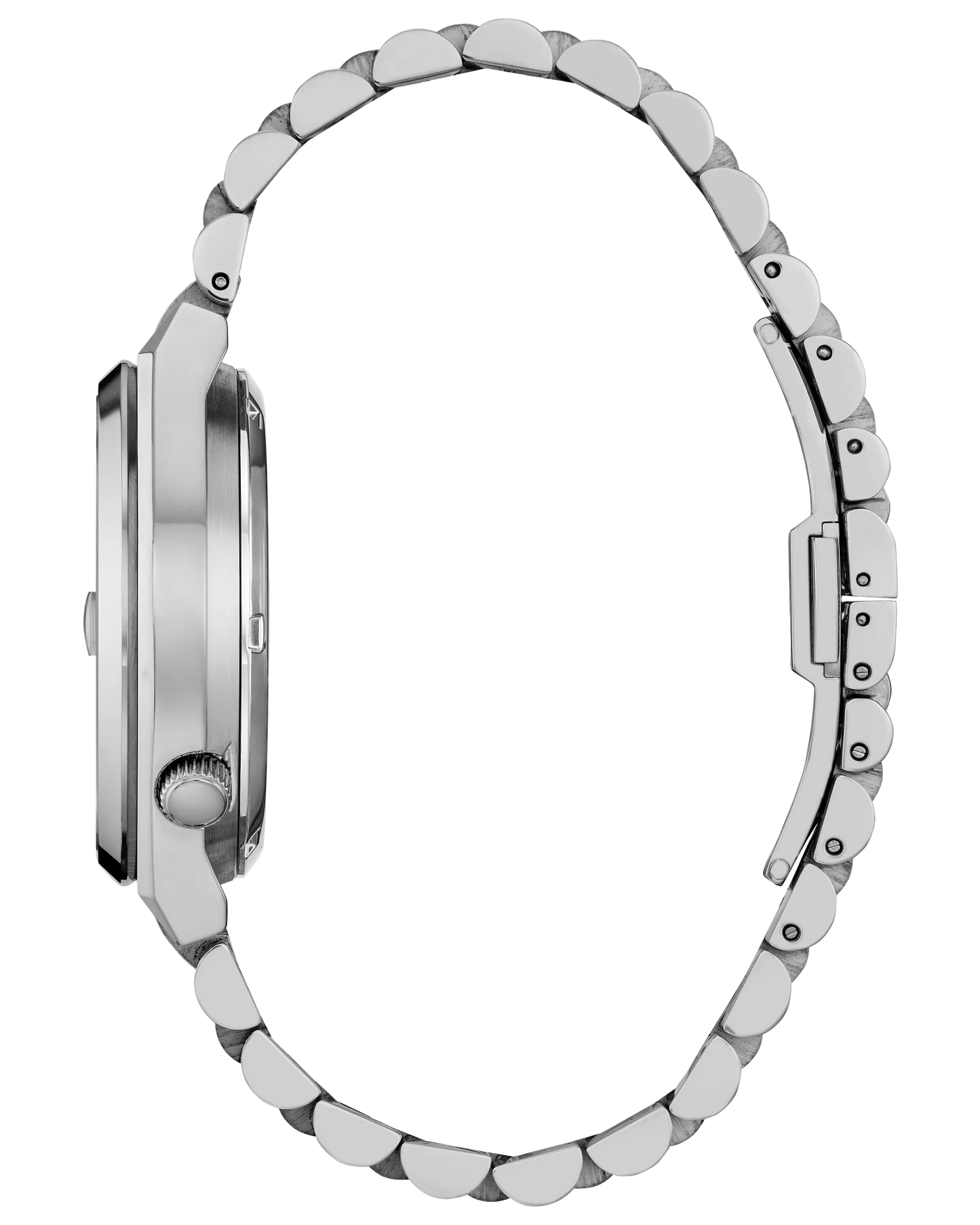 Close-up of a silver watch with a detailed band on a white background