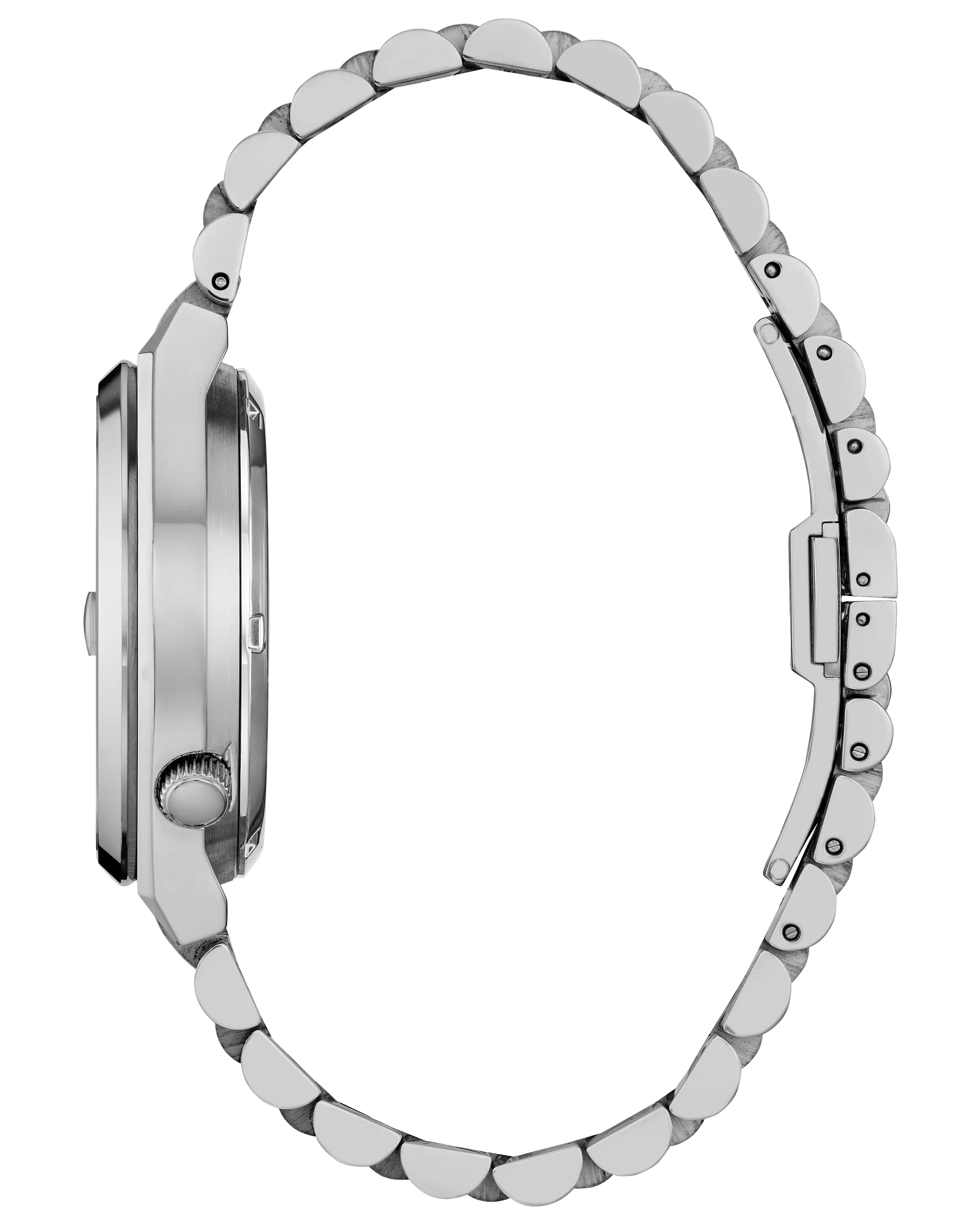 Close-up of a silver watch with a detailed band on a white background