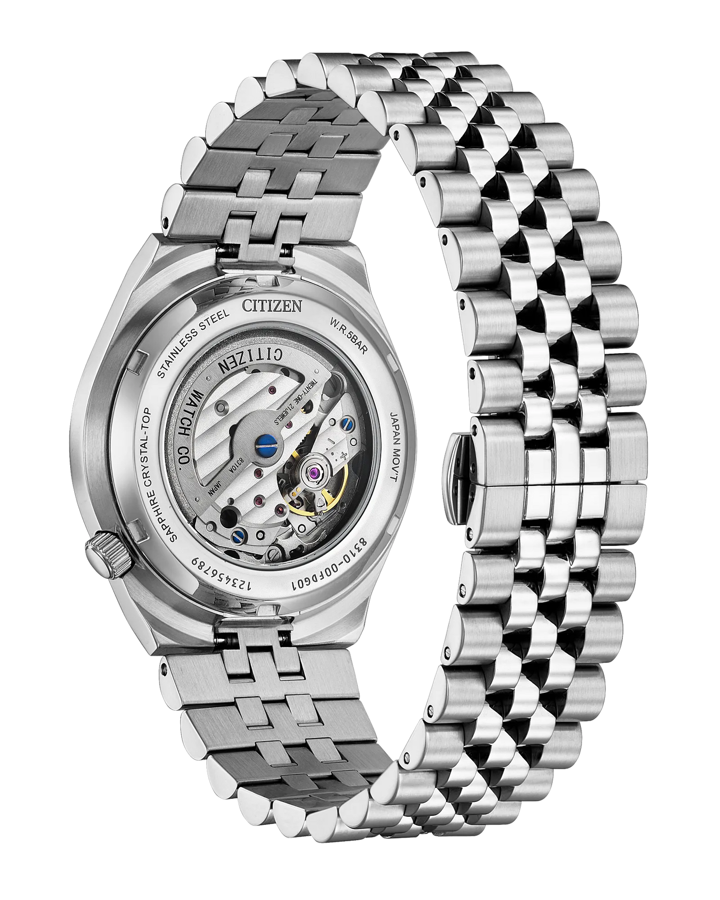 Silver Citizen watch with open face design on a white background
