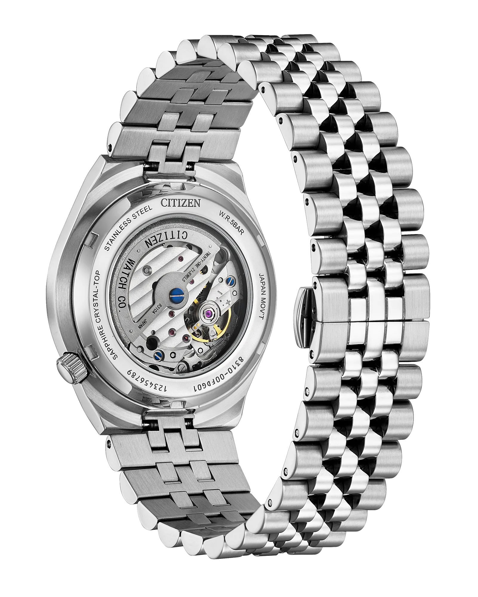 Silver Citizen watch with open face design on a white background