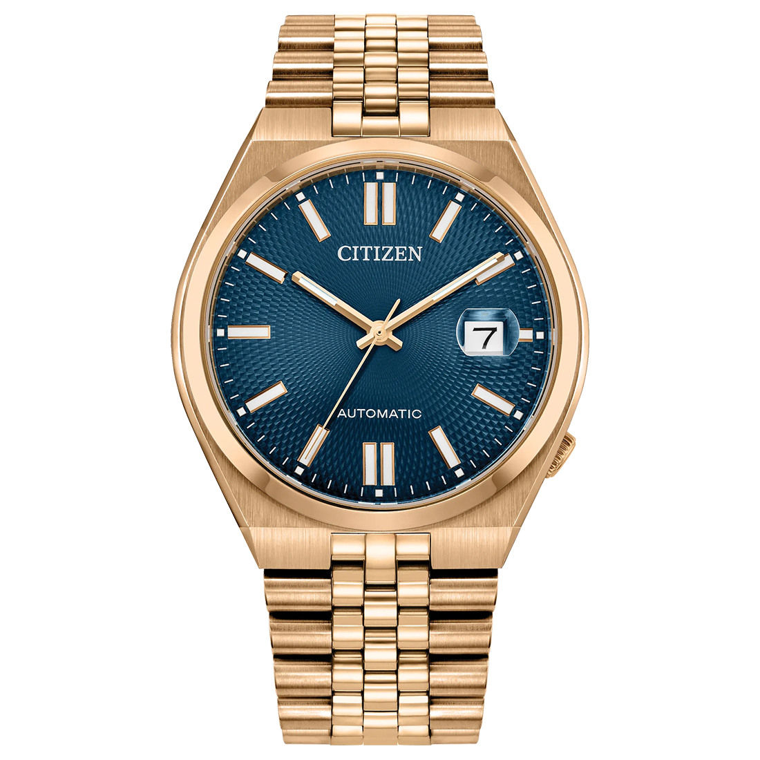 Citizen TSUYOSA 60 NK0023-57L automatic watch with blue sunray dial, rose gold-tone stainless steel case, seamless stainless steel bracelet, sapphire crystal, and 60-hour power reserve.