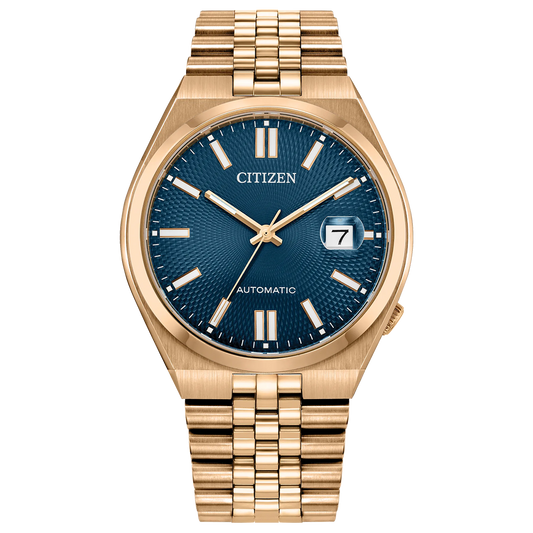 Citizen TSUYOSA 60 NK0023-57L automatic watch with blue sunray dial, rose gold-tone stainless steel case, seamless stainless steel bracelet, sapphire crystal, and 60-hour power reserve.
