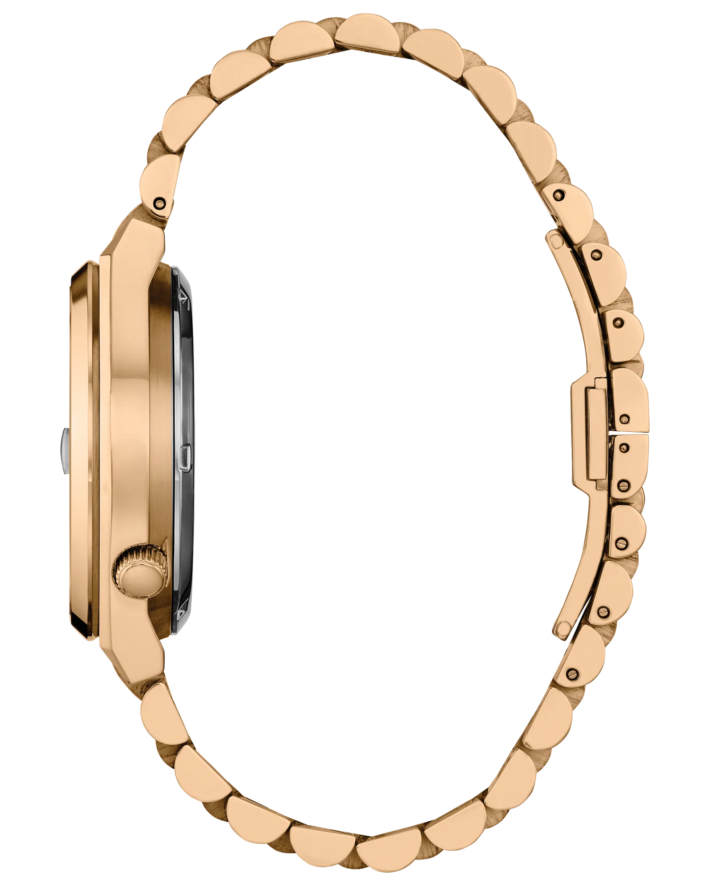 Rose gold watch case on a white background