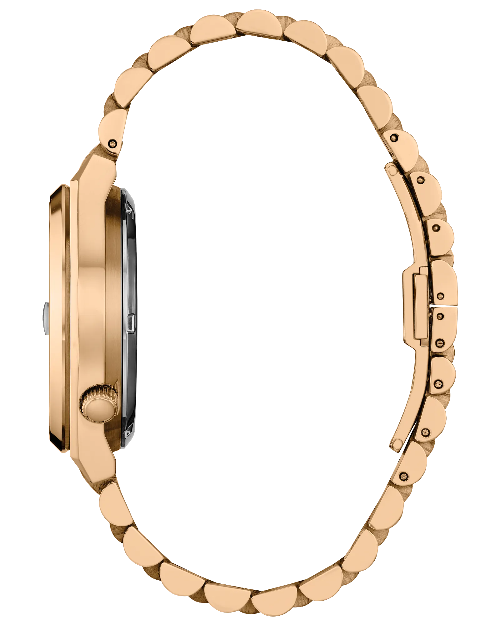 Rose gold watch case on a white background