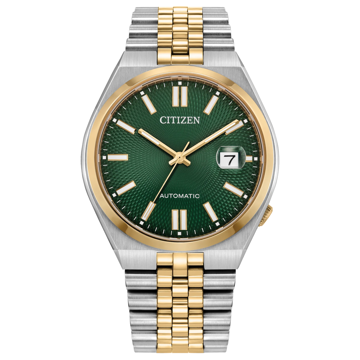 Citizen TSUYOSA 60 NK0024-54X automatic watch with green sunray dial, two-tone stainless steel case, integrated five-link bracelet, anti-reflective sapphire crystal, date display, and 60-hour power reserve.