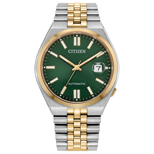 Citizen TSUYOSA 60 NK0024-54X automatic watch with green sunray dial, two-tone stainless steel case, integrated five-link bracelet, anti-reflective sapphire crystal, date display, and 60-hour power reserve.