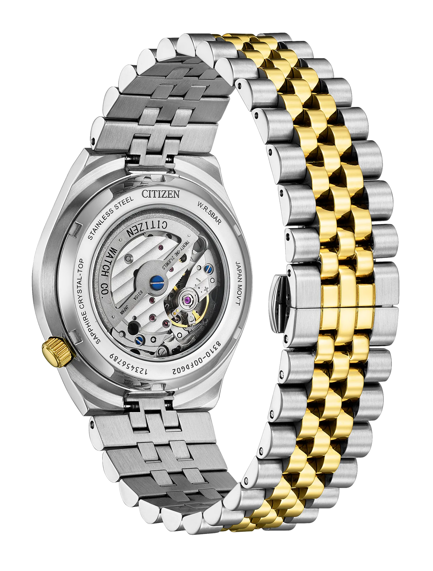 Citizen watch with a two-tone stainless steel and gold link bracelet, featuring a transparent dial back view showing the mechanical movement.