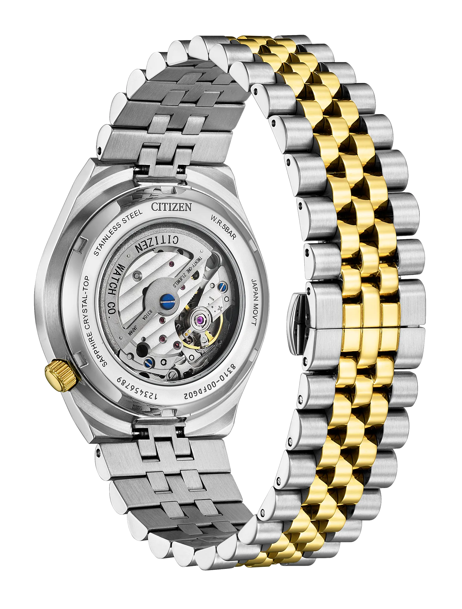 Citizen watch with a two-tone stainless steel and gold link bracelet, featuring a transparent dial back view showing the mechanical movement.