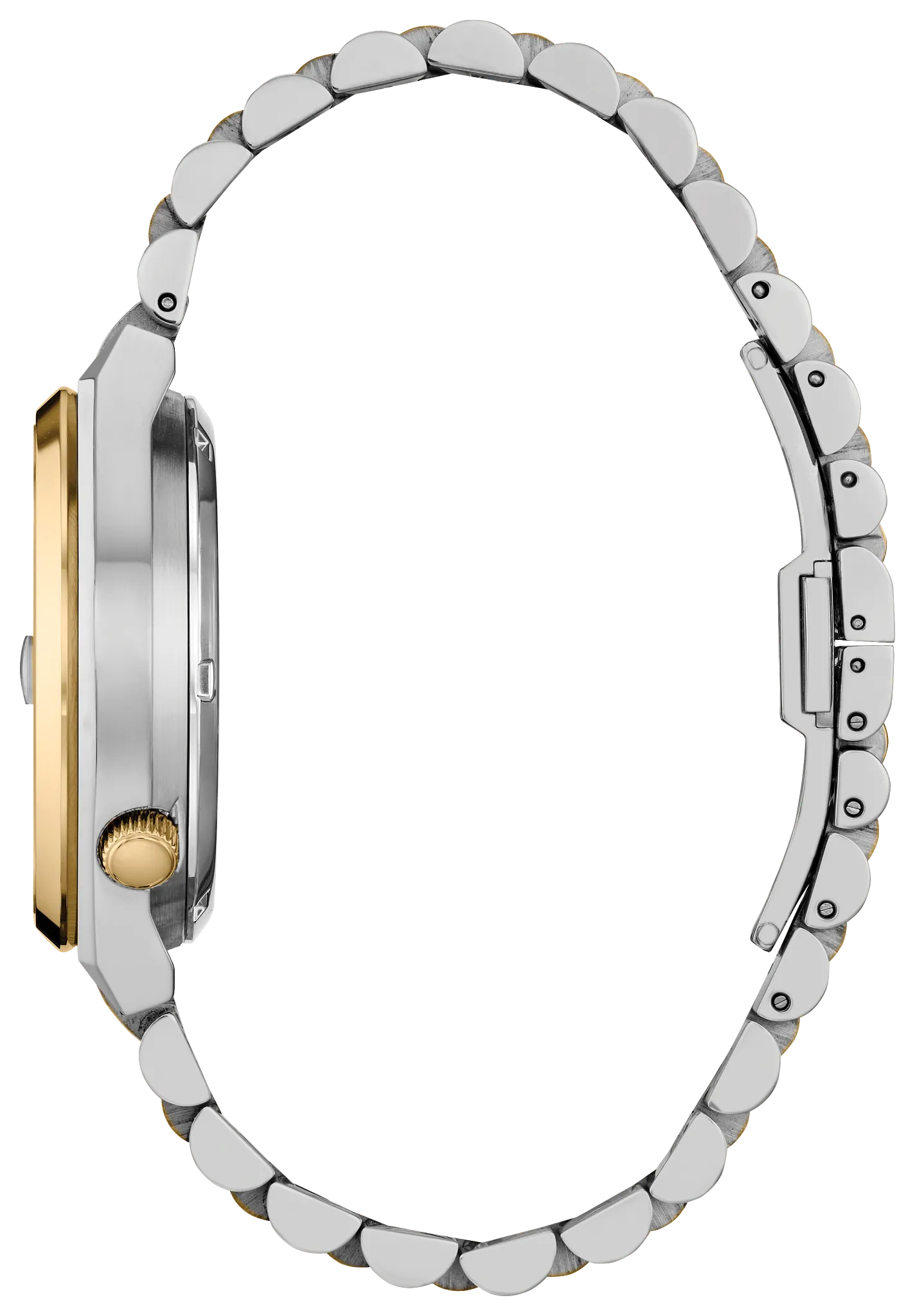 A close-up side view of a silver-toned metal watch with a matching link bracelet and a gold-toned case accent and crown.