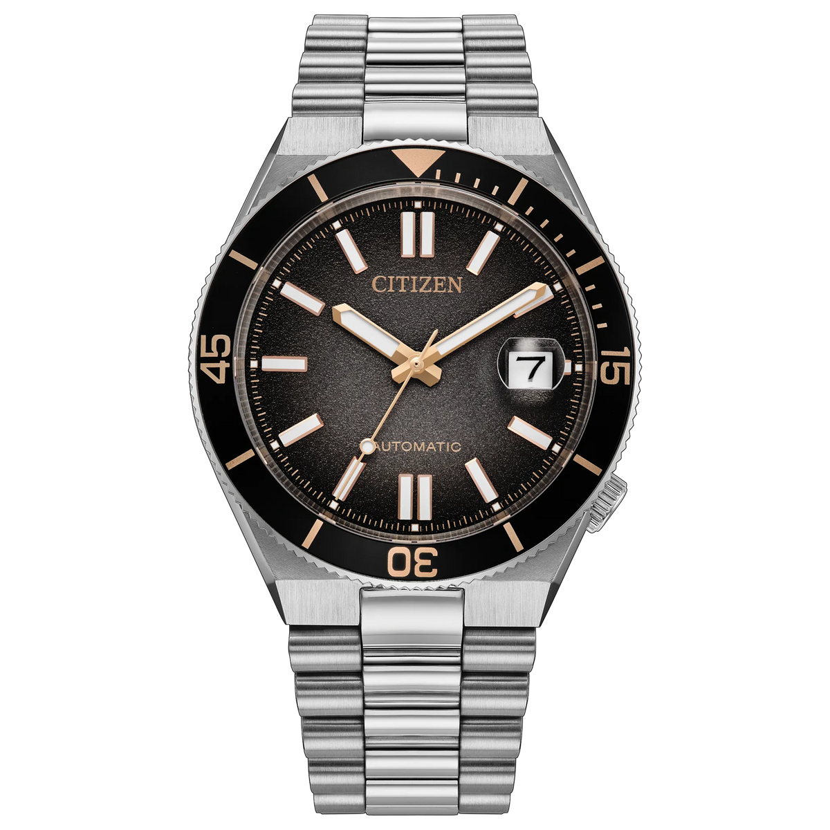 Citizen TSUYOSA Shore Time Slip NJ0238-57E limited edition automatic watch with gradient black dial, rose gold-tone accents, 40mm stainless steel case, 60-minute bezel, sapphire crystal, and 100m water resistance.