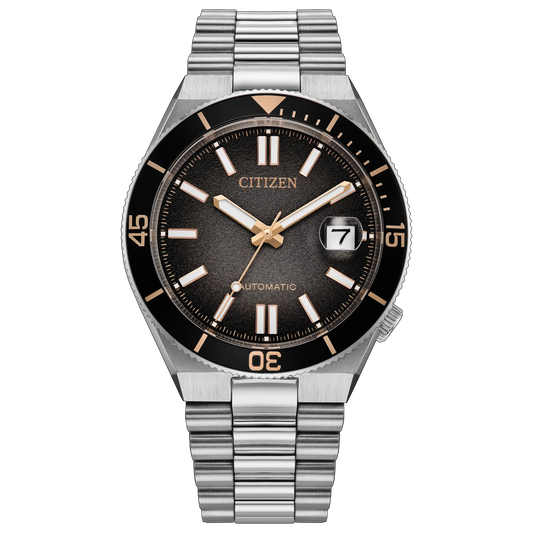 Citizen TSUYOSA Shore Time Slip NJ0238-57E limited edition automatic watch with gradient black dial, rose gold-tone accents, 40mm stainless steel case, 60-minute bezel, sapphire crystal, and 100m water resistance.