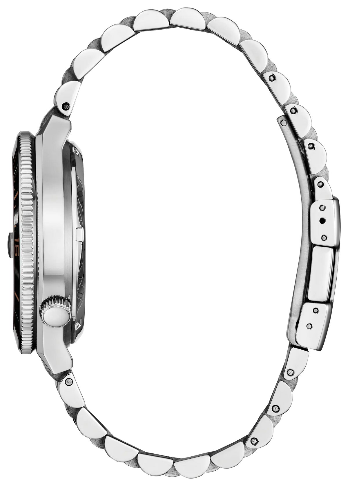 Silver stainless steel watch band with a textured crown guard and polished links, shown from the side profile against a white background.