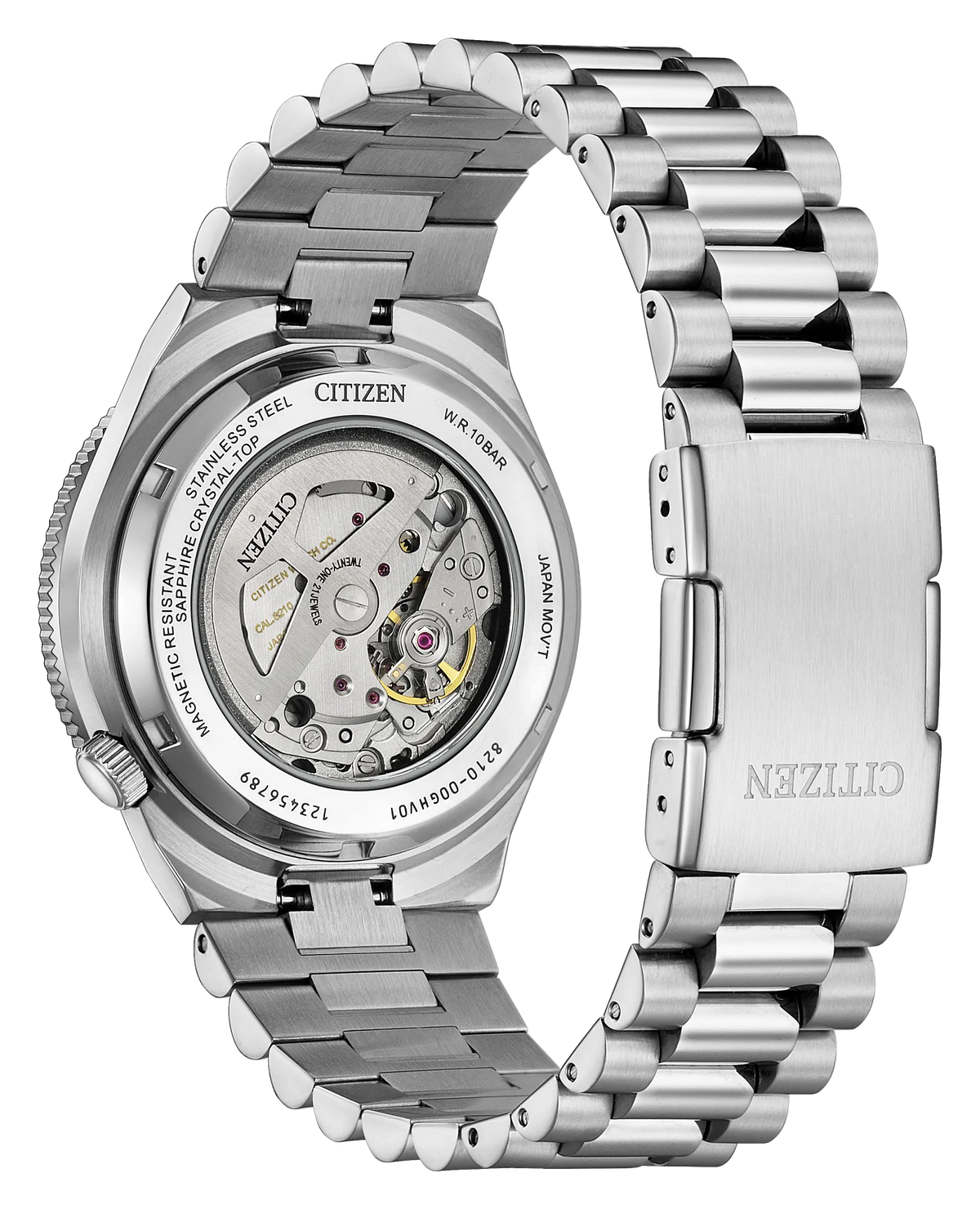 Silver watch with visible brand name on a white background
