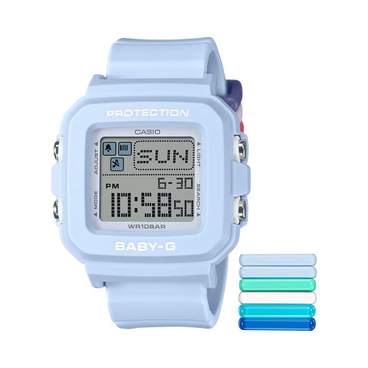 Casio Baby-G BGD10L-2 digital women's watch in light blue resin with nine interchangeable band loops, pixel-art animations, and 100-meter water resistance