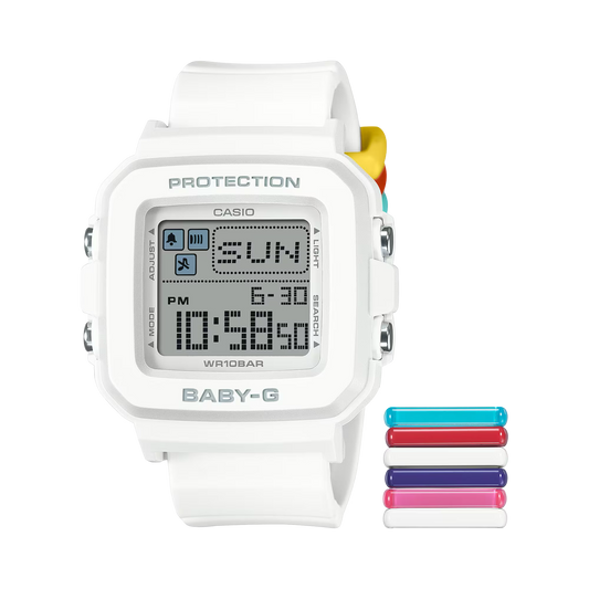 Casio Baby-G BGD10L-7 women's digital watch in white resin with nine colorful interchangeable band loops, pixel-art display, and 100-meter water resistance