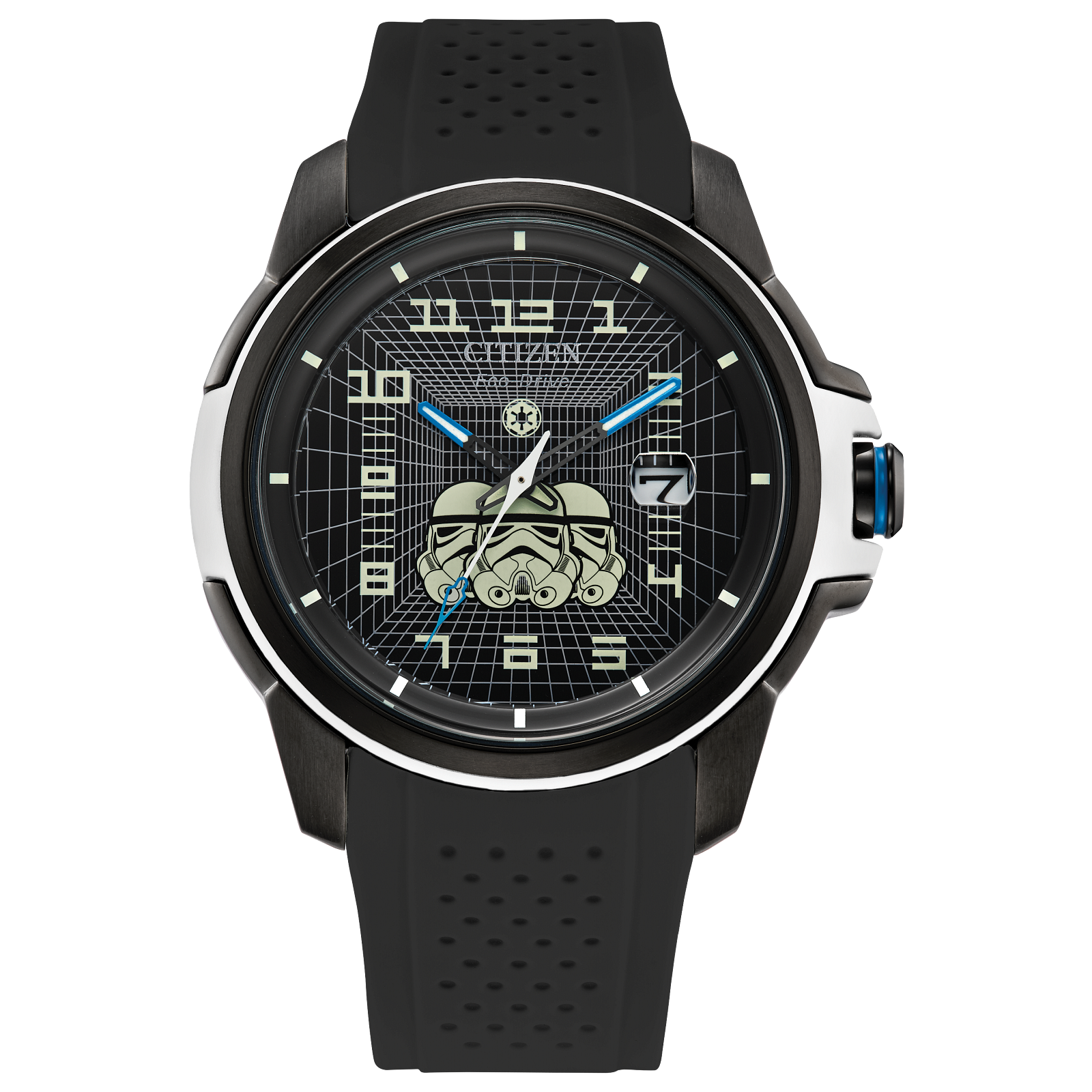 CITIZEN Star Wars Imperial Stormtrooper AW1659-00W – black ion-plated Eco-Drive watch with Stormtrooper helmet dial, white armor accents, black polyurethane strap, and WR100 water resistance.