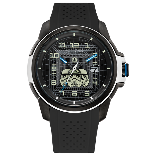 CITIZEN Star Wars Imperial Stormtrooper AW1659-00W – black ion-plated Eco-Drive watch with Stormtrooper helmet dial, white armor accents, black polyurethane strap, and WR100 water resistance.