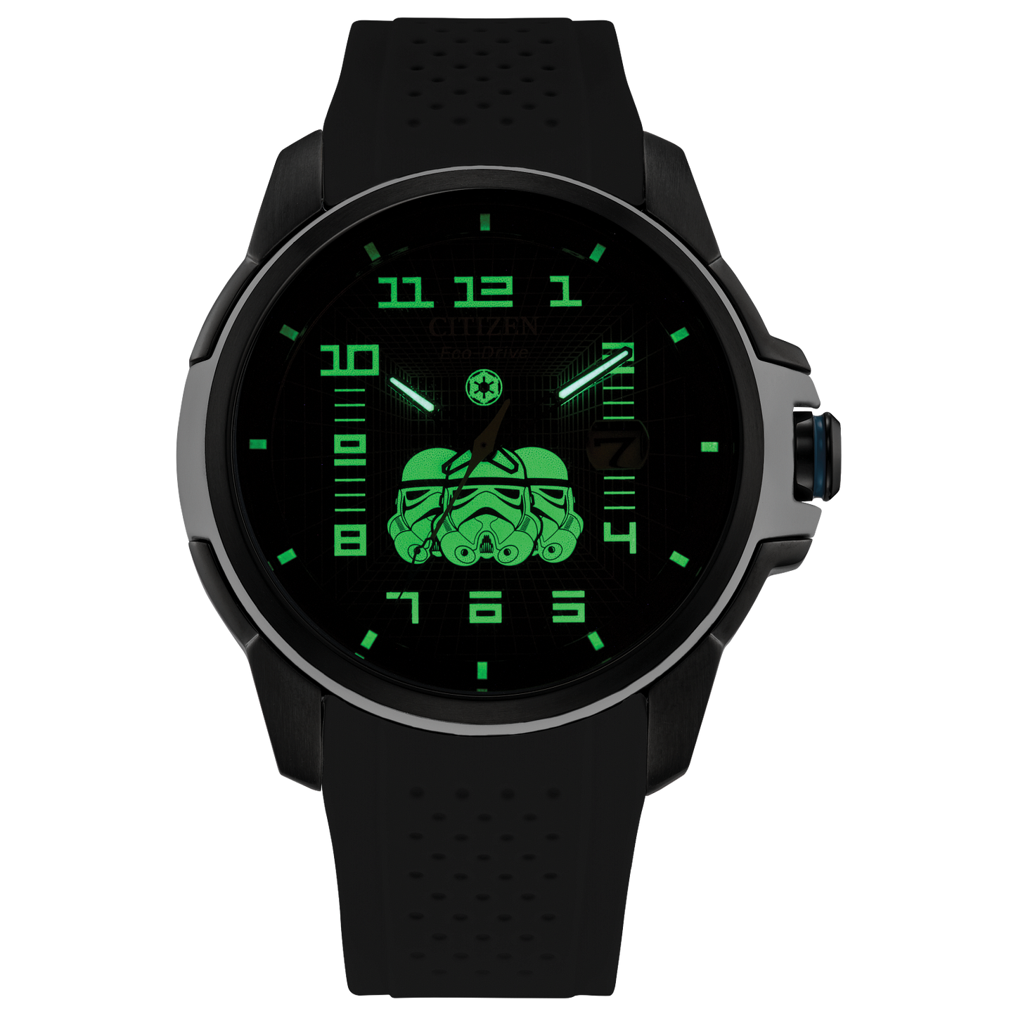 CITIZEN Star Wars Imperial Stormtrooper AW1659-00W – black ion-plated Eco-Drive watch with Stormtrooper helmet dial, white armor accents, black polyurethane strap, and WR100 water resistance.