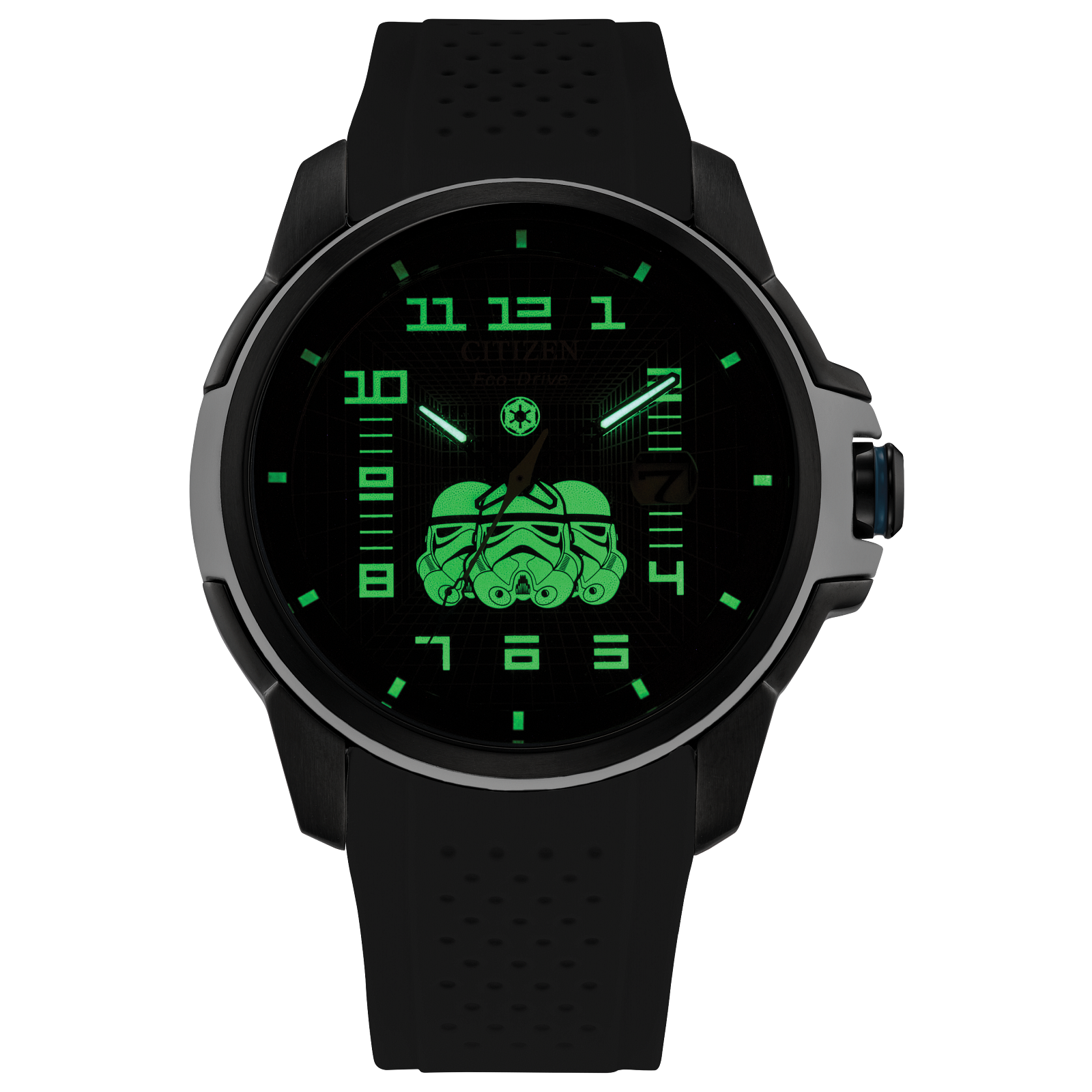 CITIZEN Star Wars Imperial Stormtrooper AW1659-00W – black ion-plated Eco-Drive watch with Stormtrooper helmet dial, white armor accents, black polyurethane strap, and WR100 water resistance.
