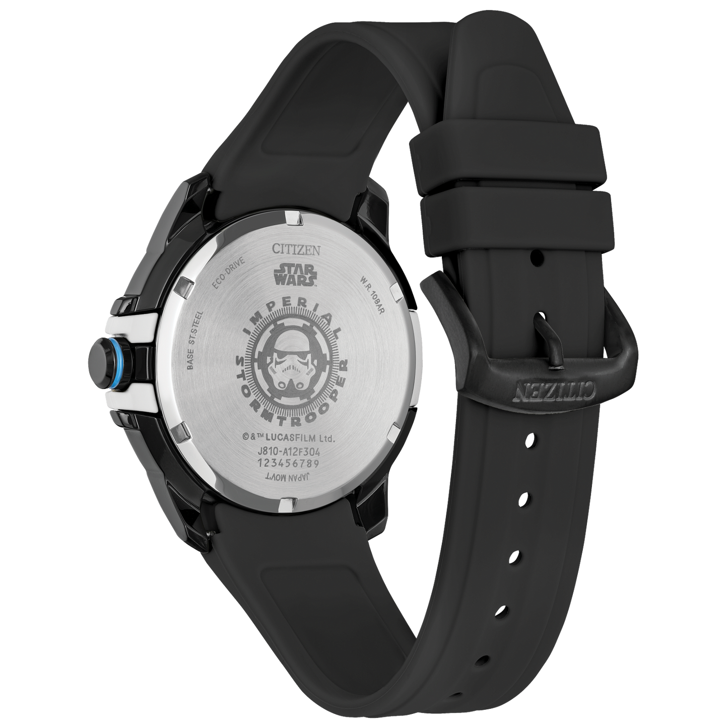 CITIZEN Star Wars Imperial Stormtrooper AW1659-00W – black ion-plated Eco-Drive watch with Stormtrooper helmet dial, white armor accents, black polyurethane strap, and WR100 water resistance.
