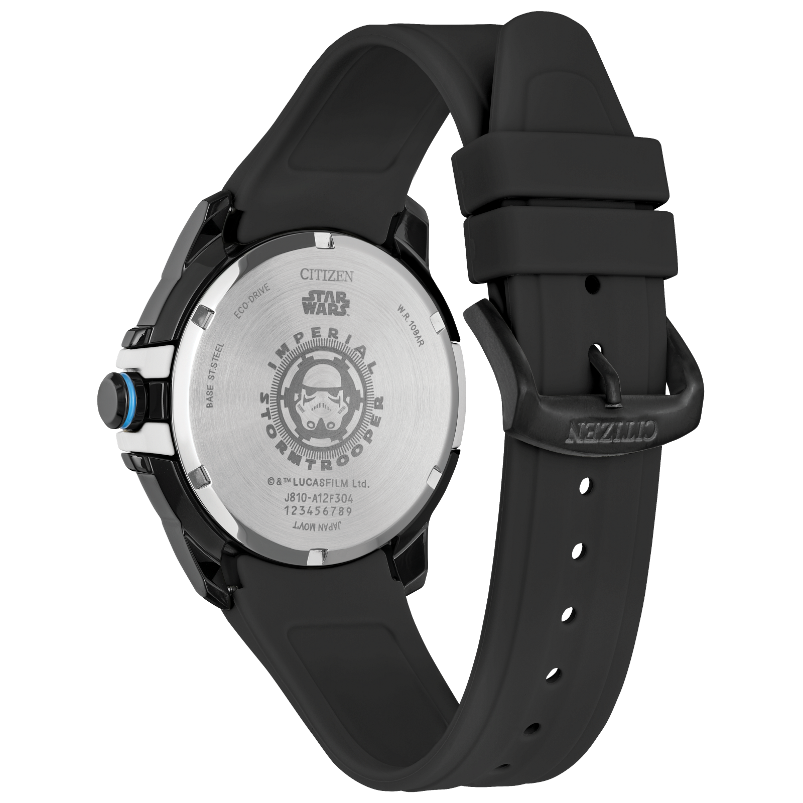 CITIZEN Star Wars Imperial Stormtrooper AW1659-00W – black ion-plated Eco-Drive watch with Stormtrooper helmet dial, white armor accents, black polyurethane strap, and WR100 water resistance.