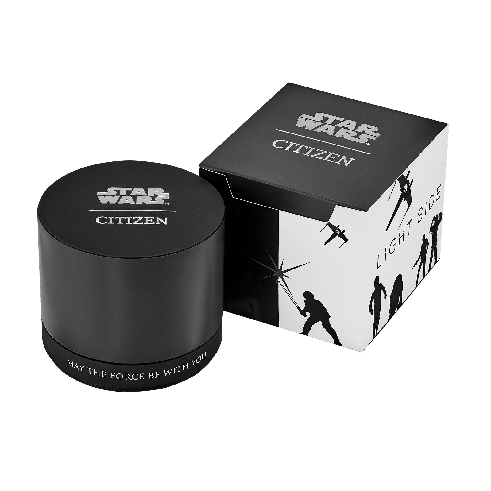 CITIZEN Star Wars Imperial Stormtrooper AW1659-00W – black ion-plated Eco-Drive watch with Stormtrooper helmet dial, white armor accents, black polyurethane strap, and WR100 water resistance.