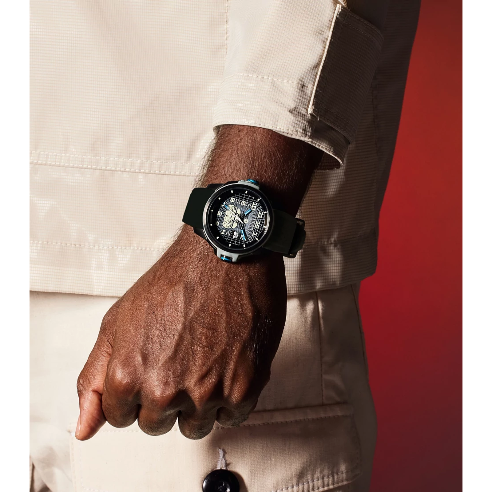 CITIZEN Star Wars Imperial Stormtrooper AW1659-00W – black ion-plated Eco-Drive watch with Stormtrooper helmet dial, white armor accents, black polyurethane strap, and WR100 water resistance.