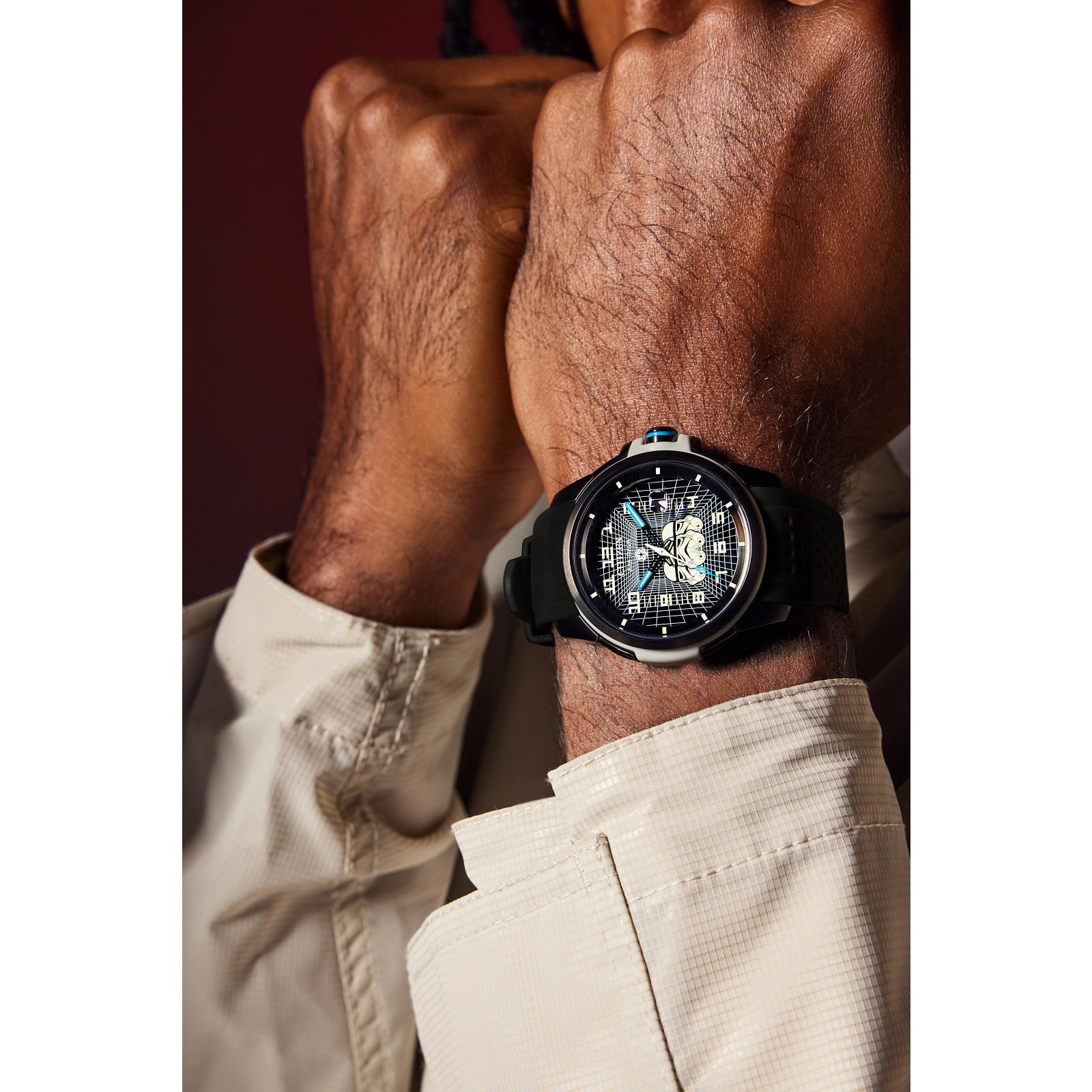 CITIZEN Star Wars Imperial Stormtrooper AW1659-00W – black ion-plated Eco-Drive watch with Stormtrooper helmet dial, white armor accents, black polyurethane strap, and WR100 water resistance.