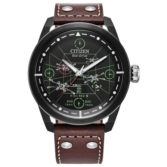 Citizen Star Wars AW1738-05W X-Wing and TIE Fighter Edition Watch – 45mm Black Ion-Plated Case, Eco-Drive, Brown Leather Strap, Neon Cockpit-Inspired Dial, Rebel Alliance Engraved Case Back