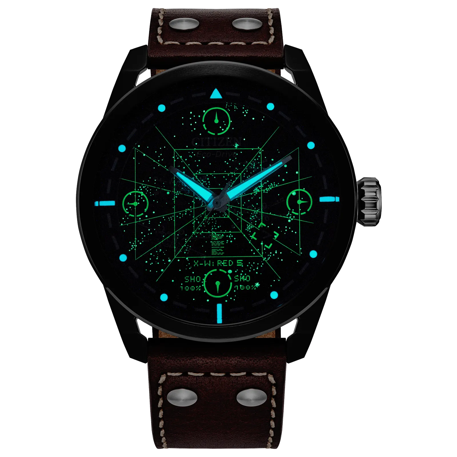 Citizen Star Wars AW1738-05W X-Wing and TIE Fighter Edition Watch – 45mm Black Ion-Plated Case, Eco-Drive, Brown Leather Strap, Neon Cockpit-Inspired Dial, Rebel Alliance Engraved Case Back