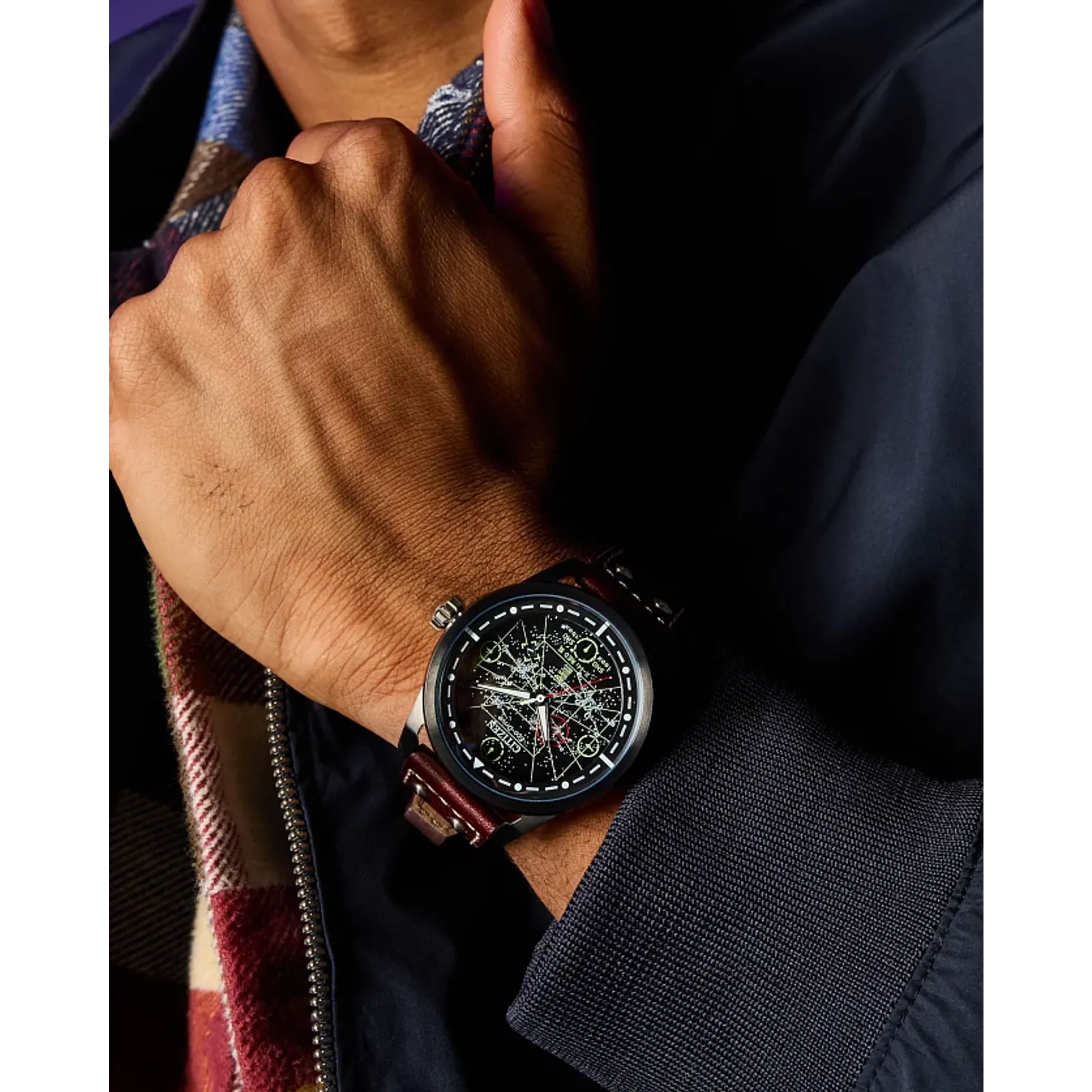 Citizen Star Wars AW1738-05W X-Wing and TIE Fighter Edition Watch – 45mm Black Ion-Plated Case, Eco-Drive, Brown Leather Strap, Neon Cockpit-Inspired Dial, Rebel Alliance Engraved Case Back