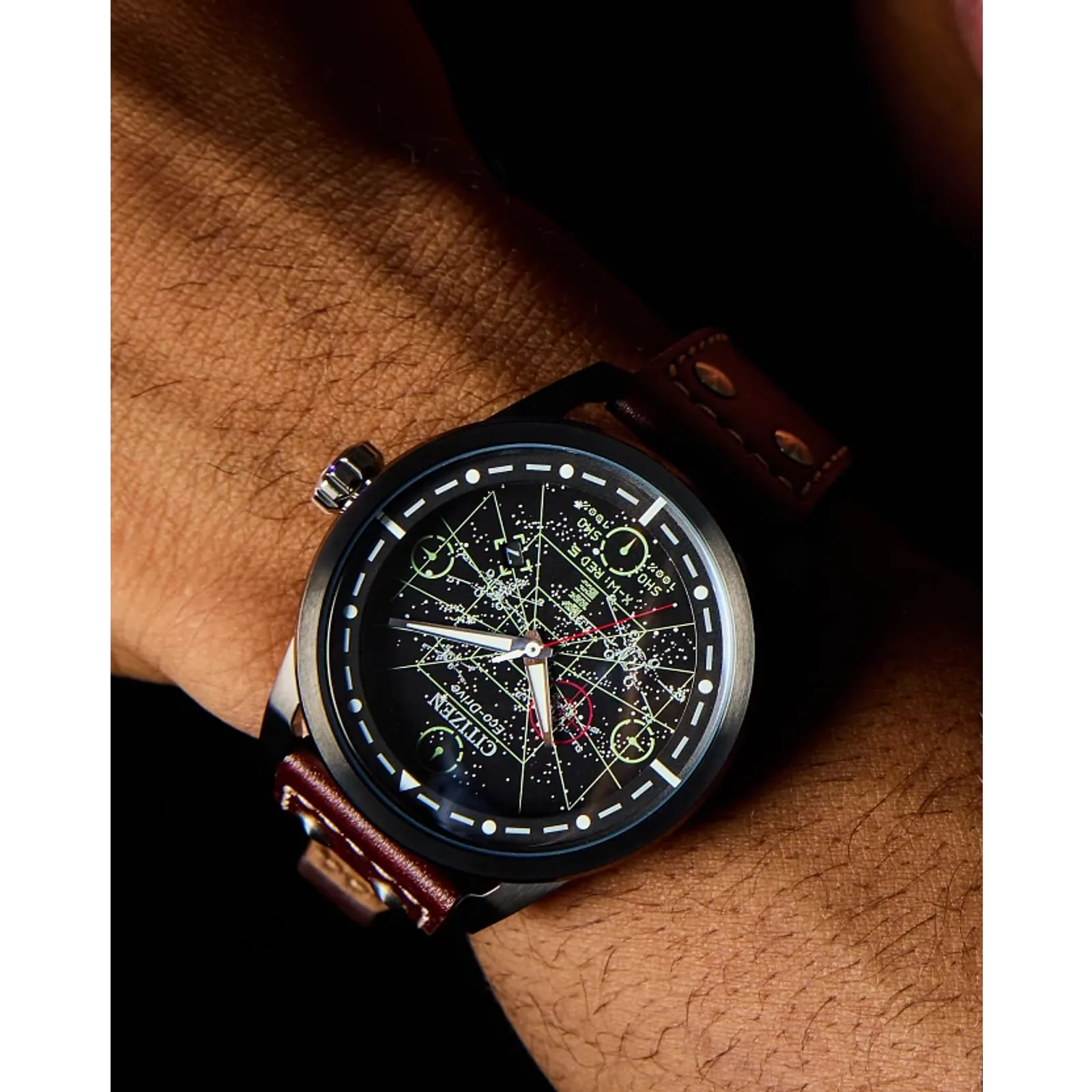 Citizen Star Wars AW1738-05W X-Wing and TIE Fighter Edition Watch – 45mm Black Ion-Plated Case, Eco-Drive, Brown Leather Strap, Neon Cockpit-Inspired Dial, Rebel Alliance Engraved Case Back
