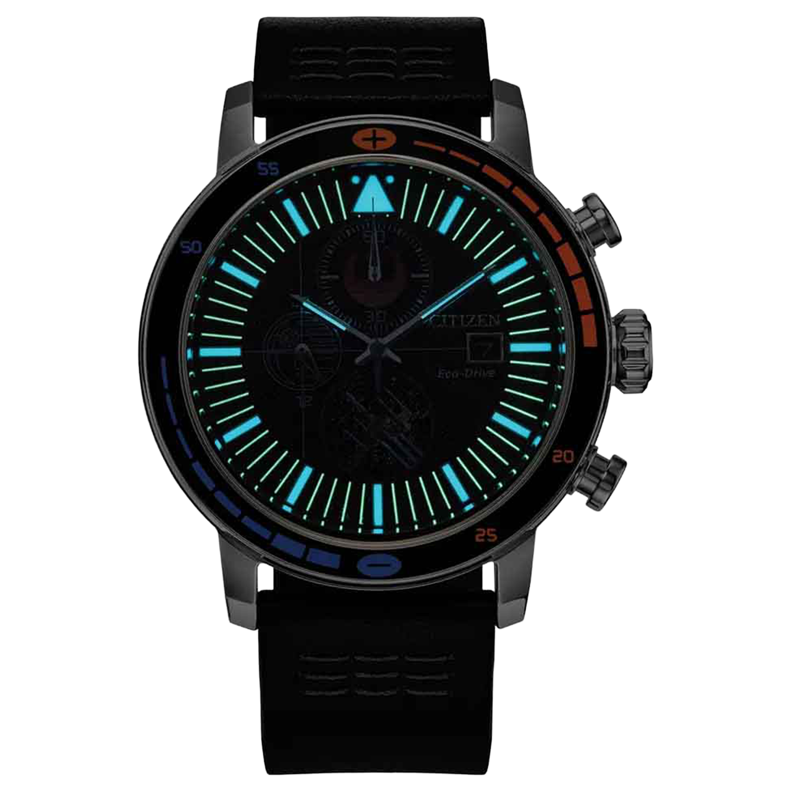 CITIZEN Star Wars Rebel Starfighter CA0870-43W – Eco-Drive chronograph with black dial featuring Rebellion symbols, X-wing details, black leather strap, and WR100 water resistance.