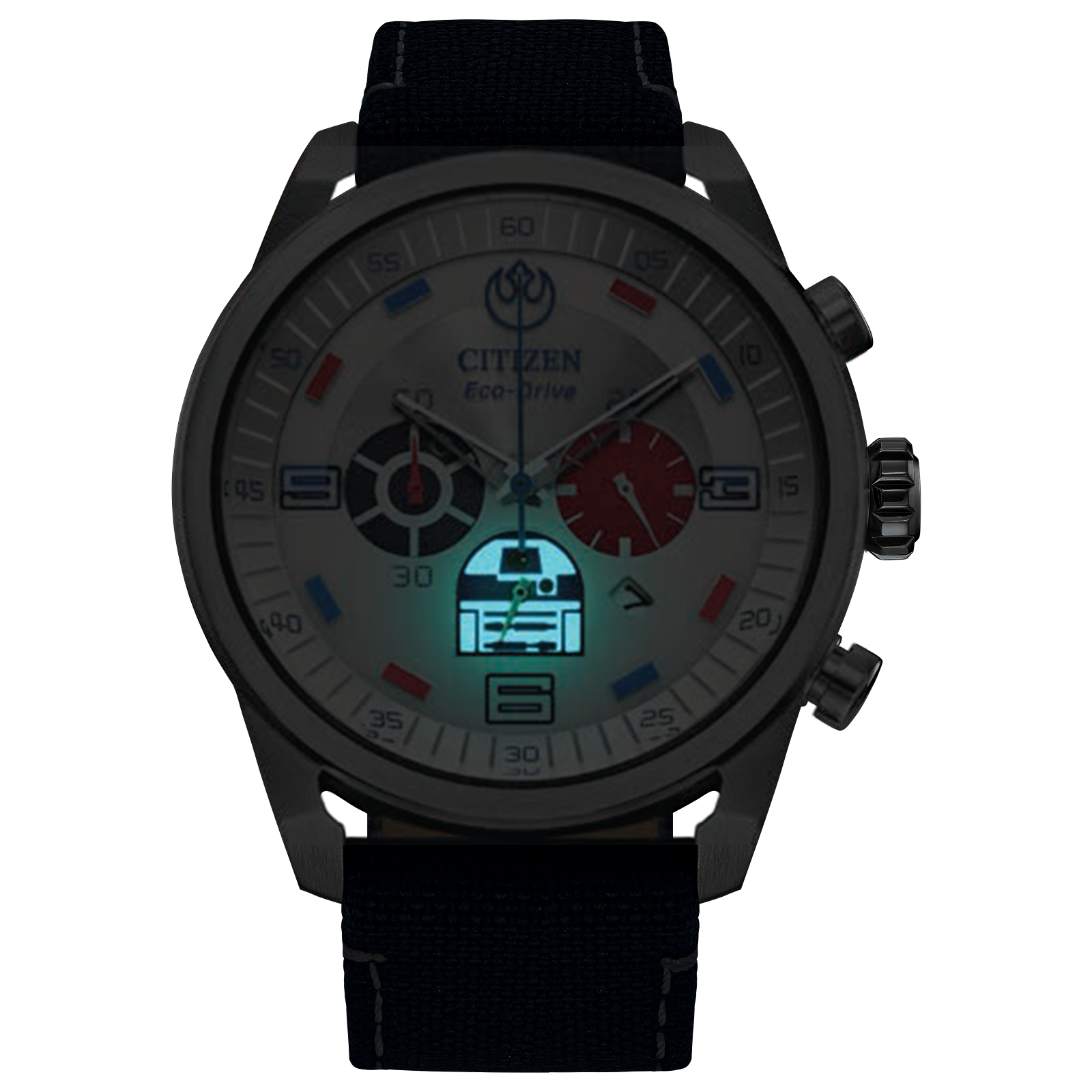 CITIZEN Star Wars R2-D2 CA4219-03W – silver-tone Eco-Drive chronograph watch with blue accents, deep blue CORDURA strap, WR100 water resistance, and R2-D2 inspired design.