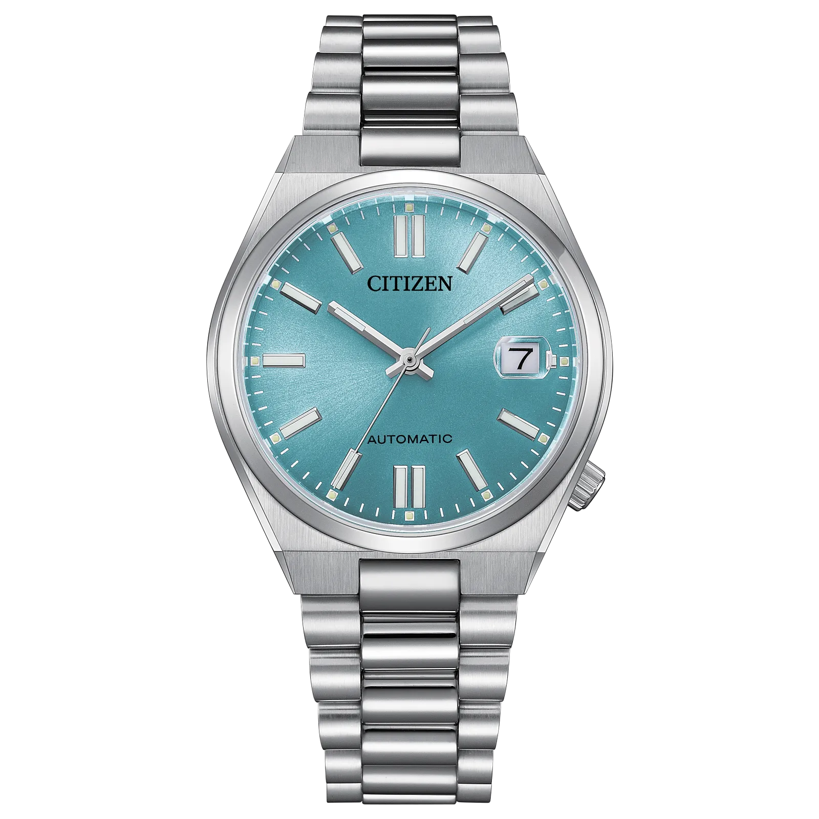 Citizen TSUYOSA NJ0200-50L – 37mm silver-tone stainless steel case, sunray ice blue dial, automatic movement, sapphire crystal, stainless steel bracelet, and 50m water resistance.