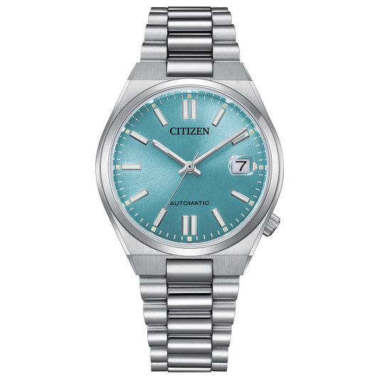Citizen TSUYOSA NJ0200-50L – 37mm silver-tone stainless steel case, sunray ice blue dial, automatic movement, sapphire crystal, stainless steel bracelet, and 50m water resistance.