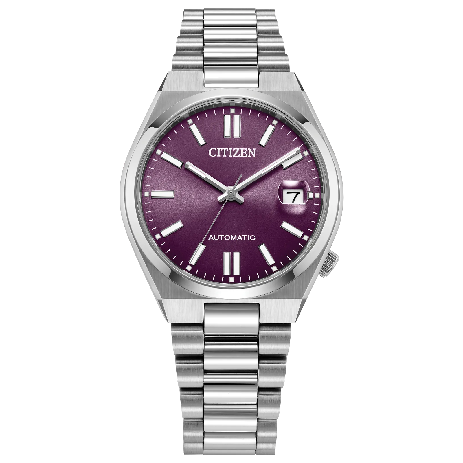 Citizen TSUYOSA NJ0200-50W – 37mm silver-tone stainless steel case, bold purple dial, automatic movement, sapphire crystal, and stainless steel bracelet with 50m water resistance.”