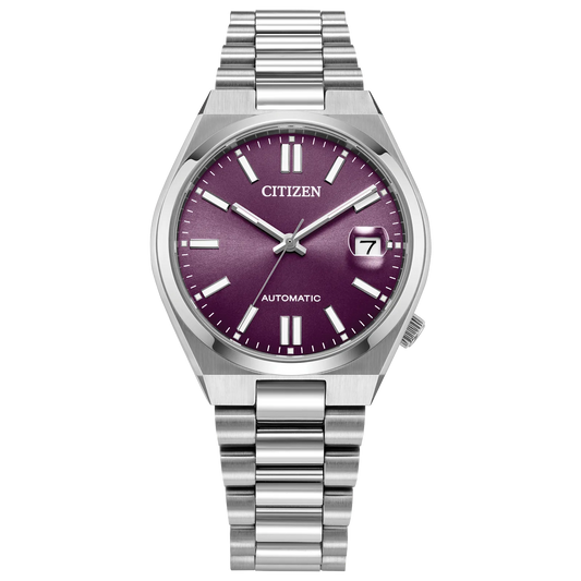 Citizen TSUYOSA NJ0200-50W – 37mm silver-tone stainless steel case, bold purple dial, automatic movement, sapphire crystal, and stainless steel bracelet with 50m water resistance.”