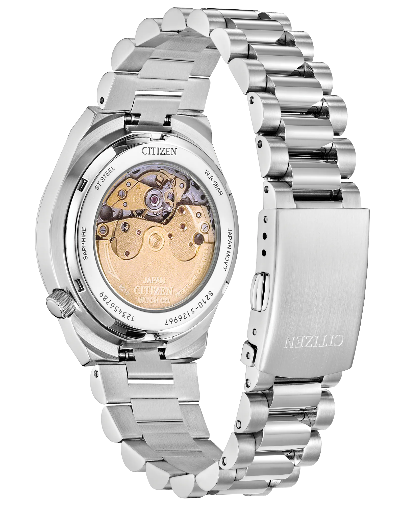 Silver Citizen watch with mechanical components on a white background