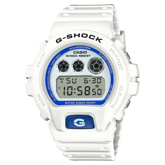 Casio G-SHOCK 6900 Series DW6900HDS-7 – classic white-and-blue design with phosphorescent dial, shock resistance, LED Super Illuminator, and 200m water resistance.