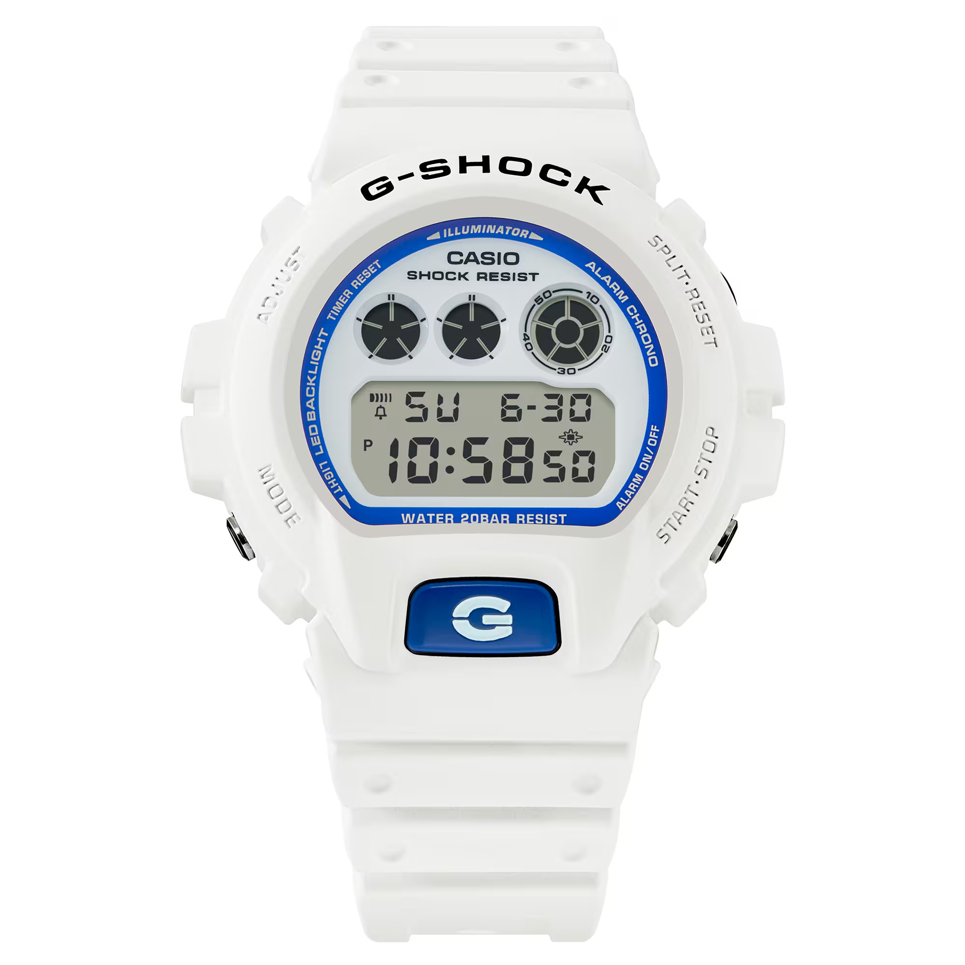 Casio G-SHOCK 6900 Series DW6900HDS-7 – classic white-and-blue design with phosphorescent dial, shock resistance, LED Super Illuminator, and 200m water resistance.