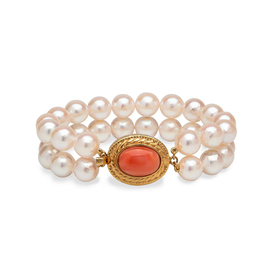 Double-Strand Japanese Akoya Pearl & Coral Bracelet - 8.5mm White Rose Baroque Pearls, AAA Luster, Gold-Plated Clasp with Coral, 7-inch, Featured in Vogue, GQ, and Harper’s Bazaar.