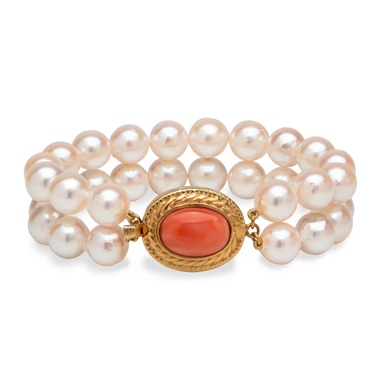Double-Strand Japanese Akoya Pearl & Coral Bracelet - 8.5mm White Rose Baroque Pearls, AAA Luster, Gold-Plated Clasp with Coral, 7-inch, Featured in Vogue, GQ, and Harper’s Bazaar.