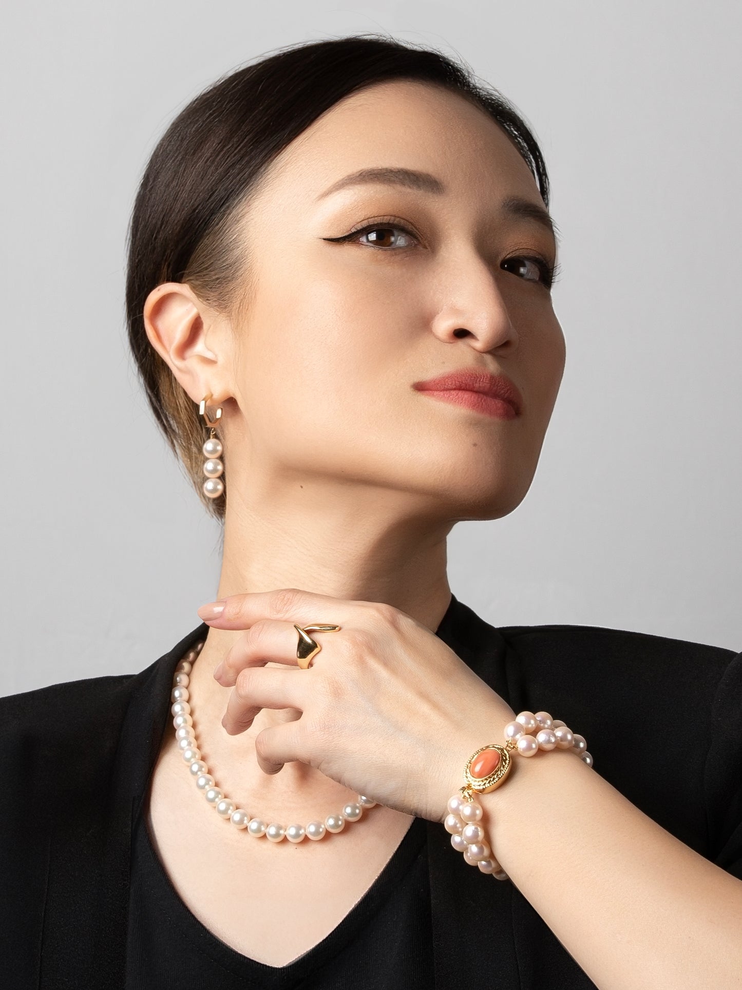Double-Strand Japanese Akoya Pearl & Coral Bracelet - 8.5mm White Rose Baroque Pearls, AAA Luster, Gold-Plated Clasp with Coral, 7-inch, Featured in Vogue, GQ, and Harper’s Bazaar.