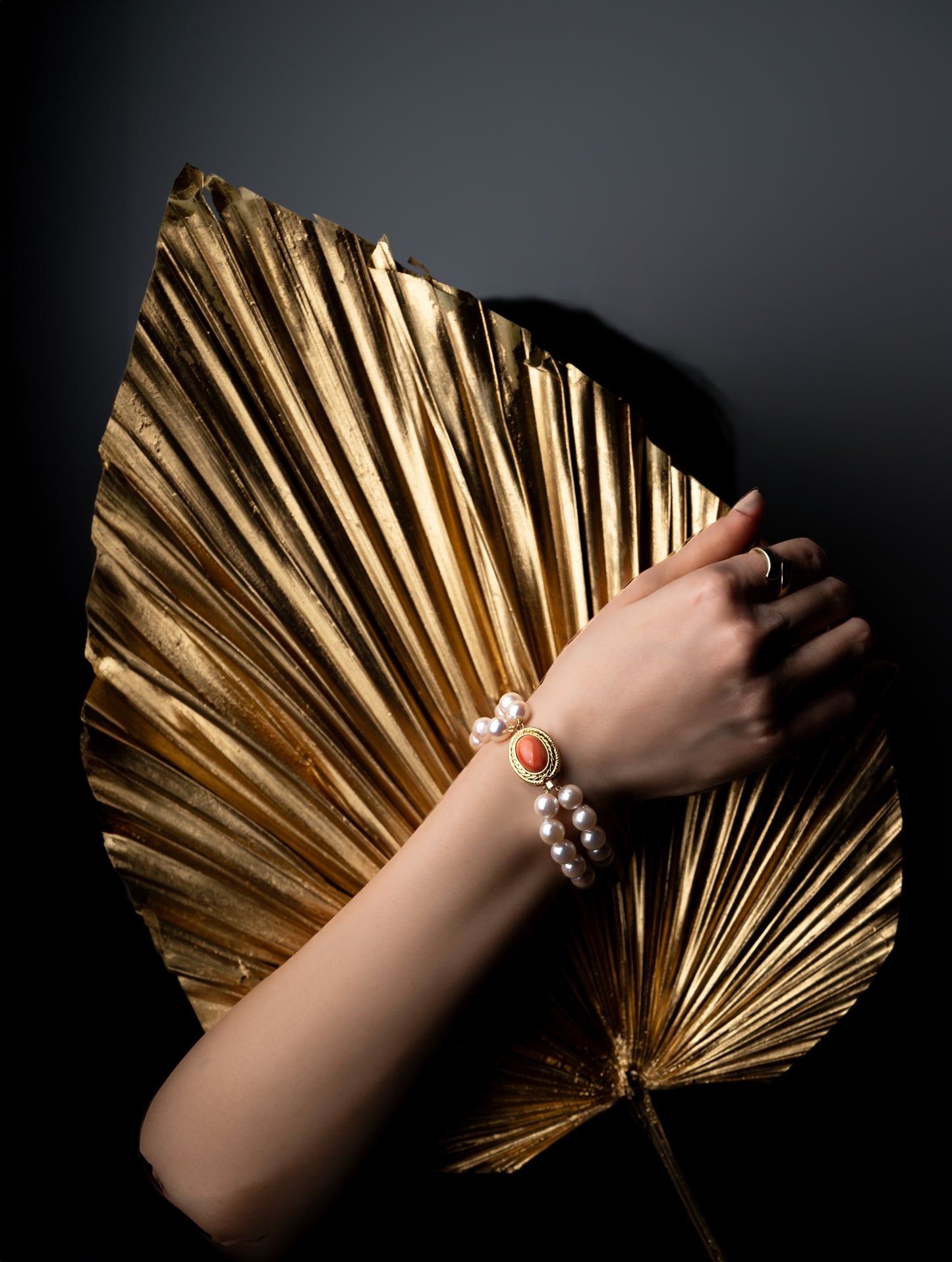 Double-Strand Japanese Akoya Pearl & Coral Bracelet - 8.5mm White Rose Baroque Pearls, AAA Luster, Gold-Plated Clasp with Coral, 7-inch, Featured in Vogue, GQ, and Harper’s Bazaar.