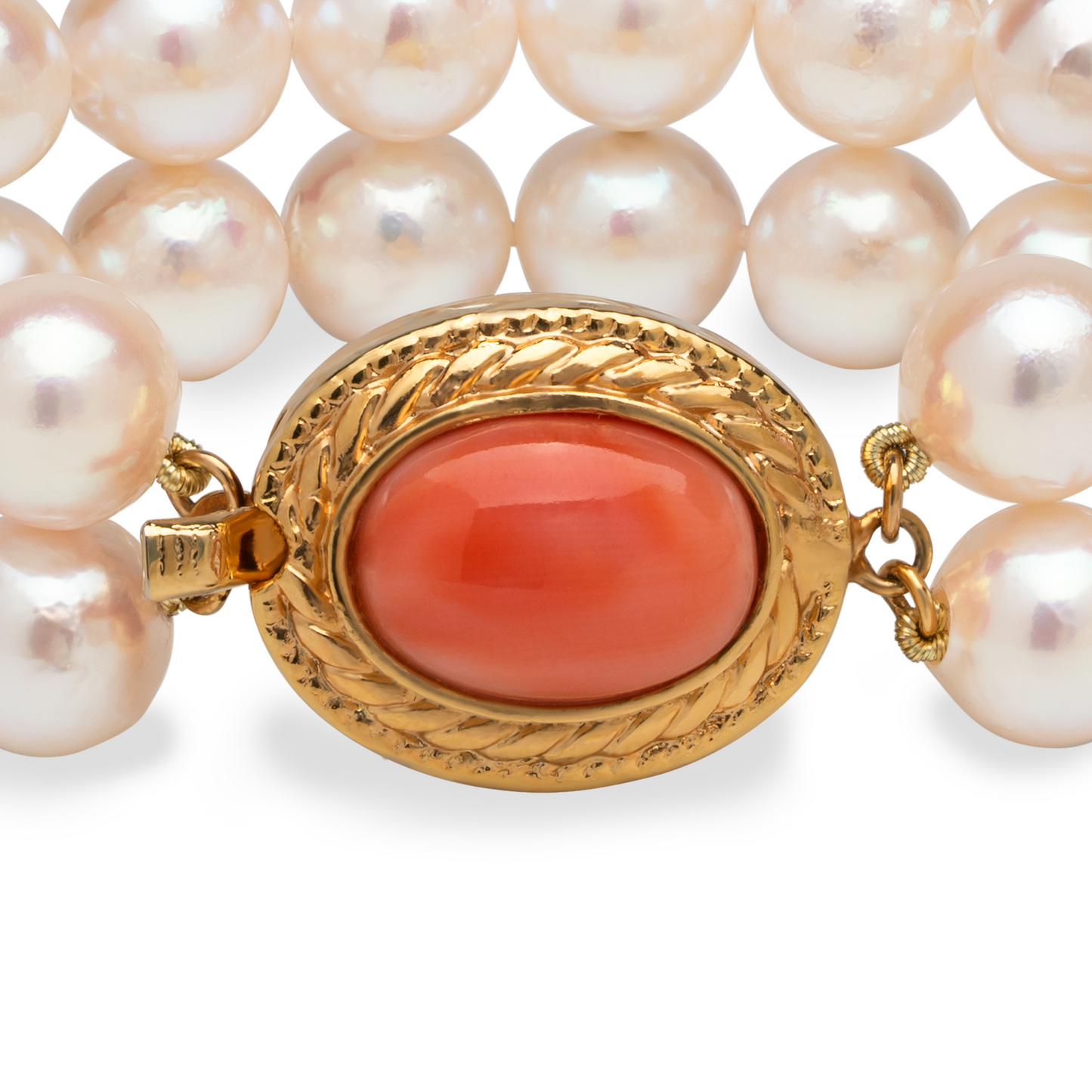 Double-Strand Japanese Akoya Pearl & Coral Bracelet - 8.5mm White Rose Baroque Pearls, AAA Luster, Gold-Plated Clasp with Coral, 7-inch, Featured in Vogue, GQ, and Harper’s Bazaar.