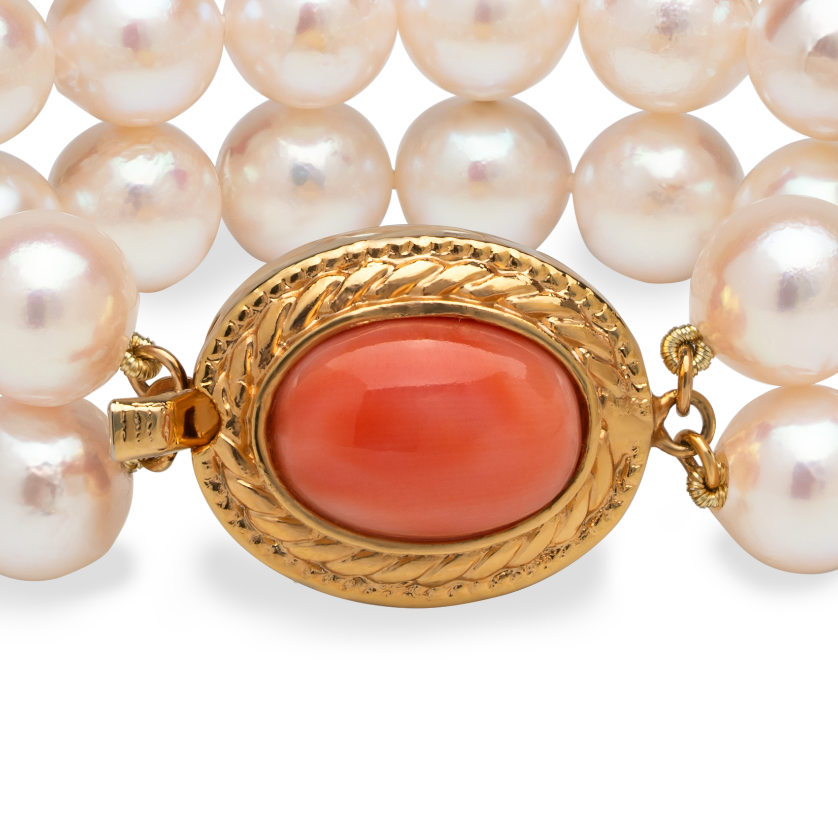 Double-Strand Japanese Akoya Pearl & Coral Bracelet - 8.5mm White Rose Baroque Pearls, AAA Luster, Gold-Plated Clasp with Coral, 7-inch, Featured in Vogue, GQ, and Harper’s Bazaar.
