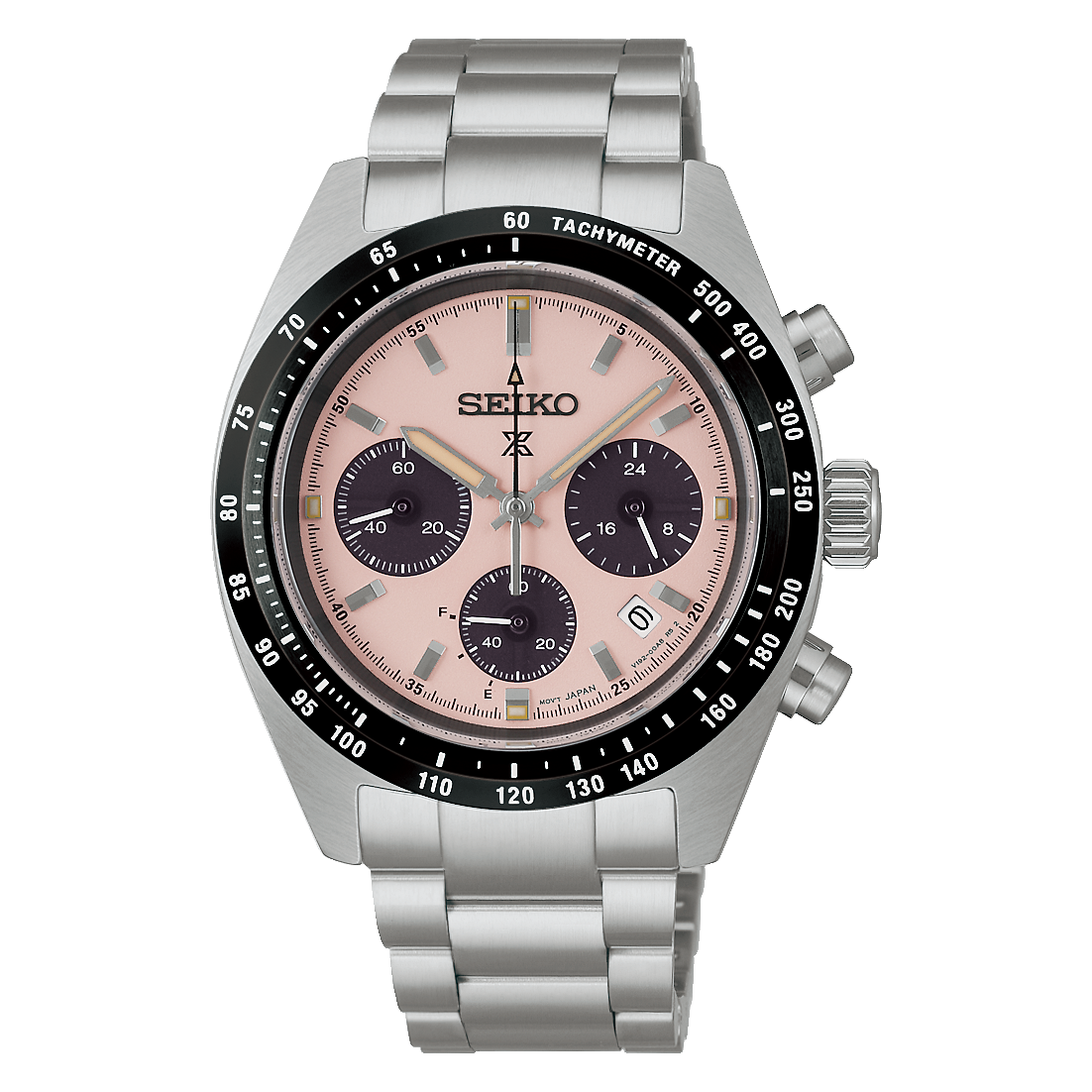 Seiko SSC963 Prospex Speedtimer solar chronograph watch with sandblasted dial, contrasting black subdials, tachymeter bezel, stainless steel bracelet, and 39mm case.