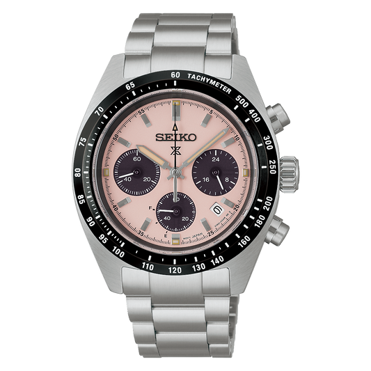 Seiko SSC963 Prospex Speedtimer solar chronograph watch with sandblasted dial, contrasting black subdials, tachymeter bezel, stainless steel bracelet, and 39mm case.