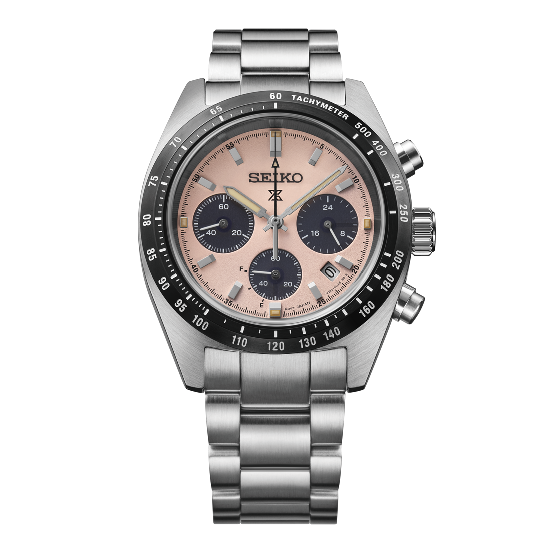 Silver Seiko watch with a detailed face on a white background
